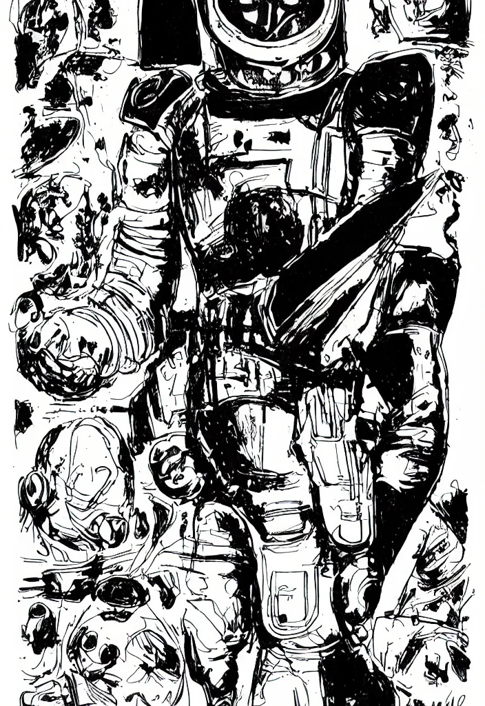 Prompt: male, heroic figure, space suit with a modern helmet, science fiction, sketch, character sheet, very stylized, digital art, illustration, pen and ink, digital painting, by mike mignola, by alex maleev