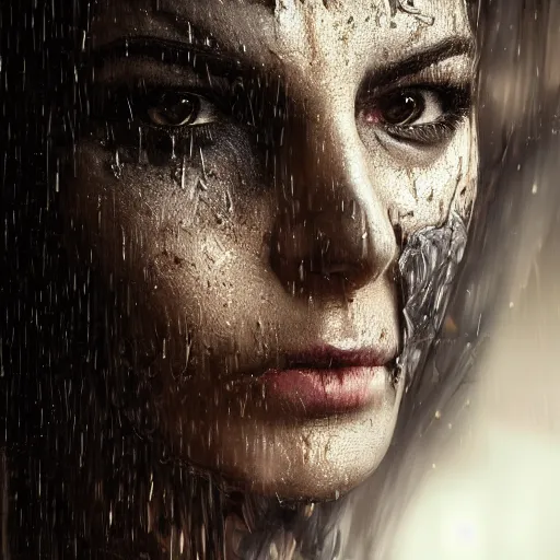 Prompt: closeup portrait of an angry woman looking at the camera and wearing a mask in the style of stefan kostic, realistic, cyberpunk, leather jacket, mask, nighttime, rain storm, body shot, sharp focus, 8 k high definition, insanely detailed, intricate, elegant, art by stanley lau and artgerm, floating embers