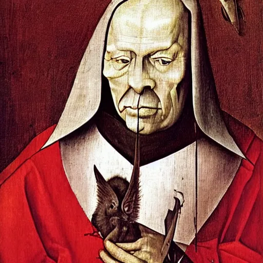 Image similar to Stunning and highly detailed portrait of the devil in human disguise wearing a red doublet Hieronymus Bosch