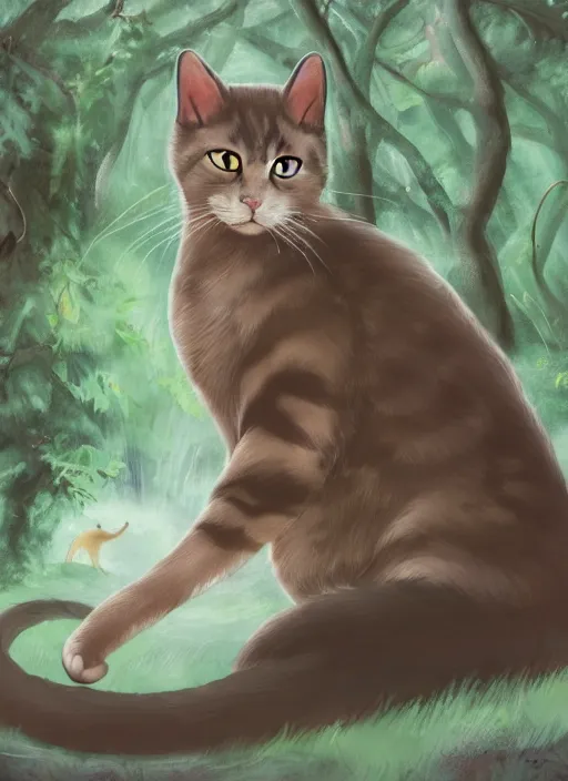 Prompt: beautiful cat, beautiful lightness, anatomically correct, trending on pixiv, forest