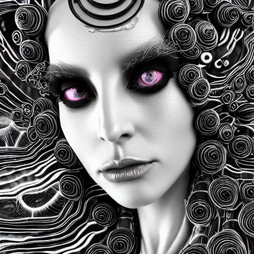 Image similar to mythical dreamy black and white organic bio - mechanical spinal ribbed profile face portrait detail of translucent steampunk beautiful lady gaga seraphim angelic - human - queen - vegetal - cyborg - red - haired, highly detailed, intricate crystal ivy jelly ornate, poetic, translucent roses ornate, 3 d render, digital art, octane render, 8 k artistic photography, photo - realistic, by dora maar