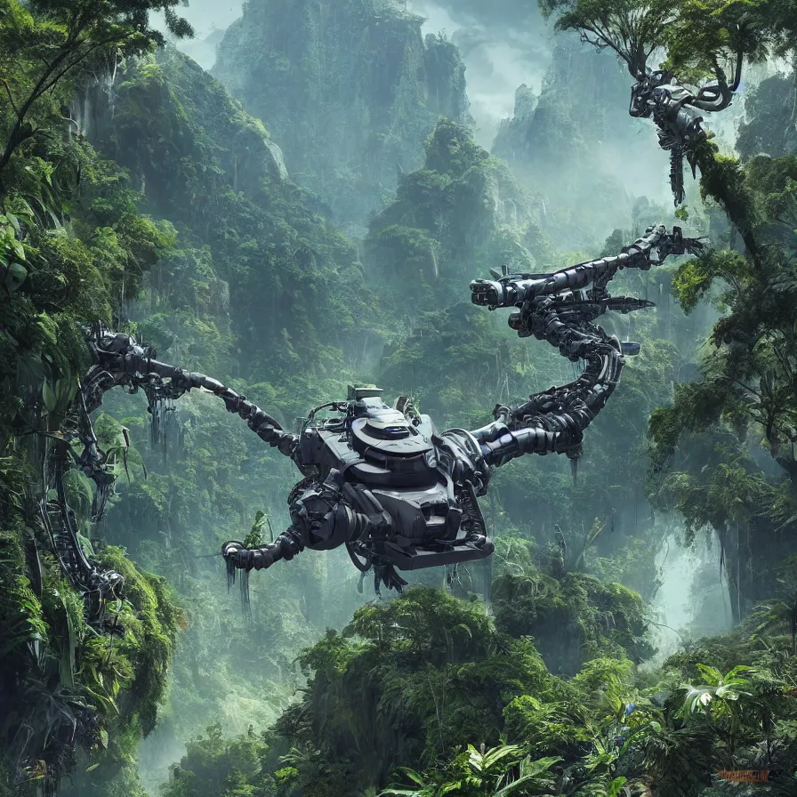 Image similar to hyperrealistic matte painting of futuristic robot quetzalcoatl, flying above the jungle by eddie mendoza, beeple, 4 k, trending on cgsociety