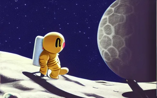 Prompt: Kirby on the moon, matte painting, 8k, highly detailed, soft lighting