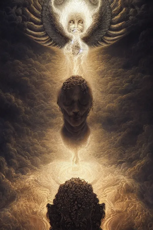Prompt: Intricate stunning highly detailed deity by agostino arrivabene, surreal, digital painting, ultra realistic, Horror vacui, dramatic lighting, full moon, ravens, thick black swirling smoke tornado, burning fire embers, artstation