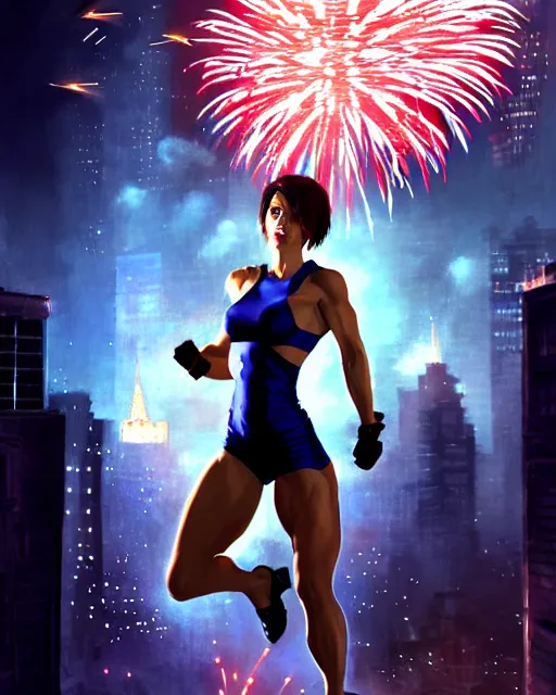 Image similar to gigachad jill valentine bodybuilder jumping in front of a fireworks show fighting wearing a suit in the fight club city, fantasy character portrait, ultra realistic, anime key visual, full body concept art, intricate details, highly detailed by greg rutkowski, ilya kuvshinov, gaston bussiere, craig mullins, simon bisley