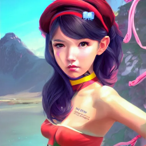 Image similar to a beautiful scenic painting of a beautiful young woman that looks like dva by artgerm and wlop and wes anderson and spike jonze