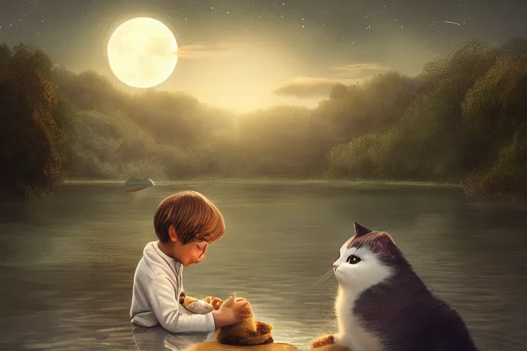 Prompt: portrait of a little boy and his cat, photorealistic face and skin tones, dreamy moonlit nightscape by the garden, lake house, smooth, matte painting, trending on artstation, 4 k, 8 k