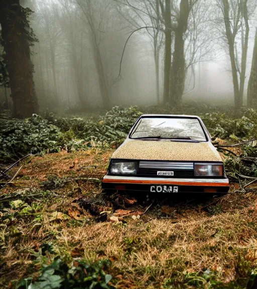 Prompt: crashed 1980s ford cortina, abandoned in a forest, fog, rural, damage, nature