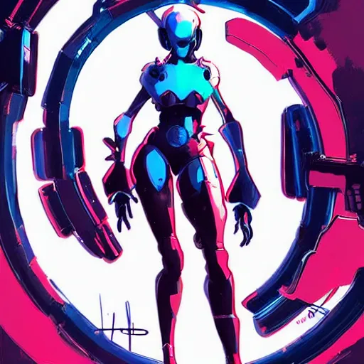 Image similar to arasaka mech, cyberpunk, art by greg tocchini, dave mccaig artwork, red and blue neon