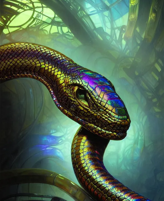 Prompt: intricate iridescent portrait of a disturbing beautiful alien snake creature, mottling coloring, adorable, childlike, medical equipment hospital environment, ultra realistic, concept art, art nouveau, photorealistic, octane render, 8 k, unreal engine. art by christopher marley and artgerm and greg rutkowski and alphonse mucha