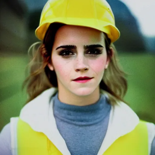 Image similar to photo, close up, emma watson in a hi vis vest, chewing tobacco, portrait, kodak gold 2 0 0,