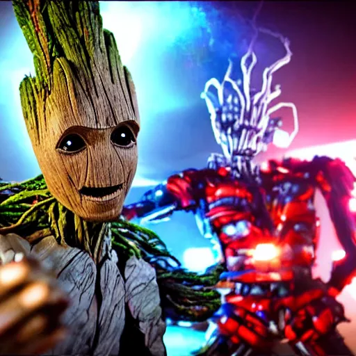 Image similar to groot and optimus prime dancing at techno party among people, wide shoot, after effect ultra realistic 3 d