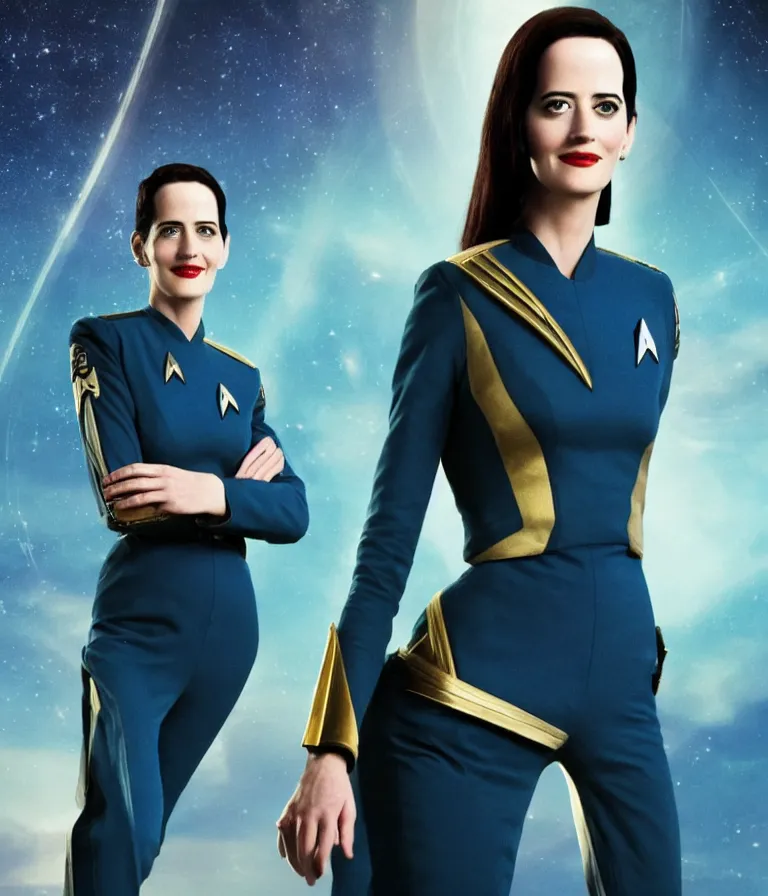 Image similar to a full body photograph of 3 0 year old eva green as a star fleet officer from star trek next generation, ultra rendered, extreme realism and detail, 8 k, highly detailed, realistic, completely framed, hyper realistic, colorful, direct lighting, 3 5 mm photo, photorealistic, sharp focus