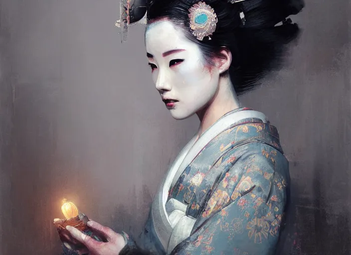 Image similar to female geisha girl, beautiful face, intricate outfit, spotlight, by greg rutkowski, by jeremy mann, digital painting