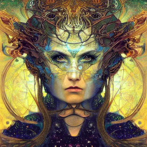 Prompt: Divine Chaos Engine by Karol Bak, Jean Deville, Gustav Klimt, and Vincent Van Gogh, beautiful visionary face portrait, sacred geometry, mystic eyes, otherworldly, fractal structures, ornate gilded medieval icon, third eye, spirals