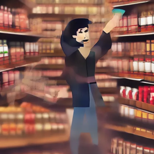 Prompt: a vampire shopping in a grocery store full of bags of blood, realistic,