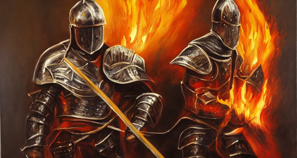 Image similar to An oil painting of a knight in dark metal armor wielding a flaming sword