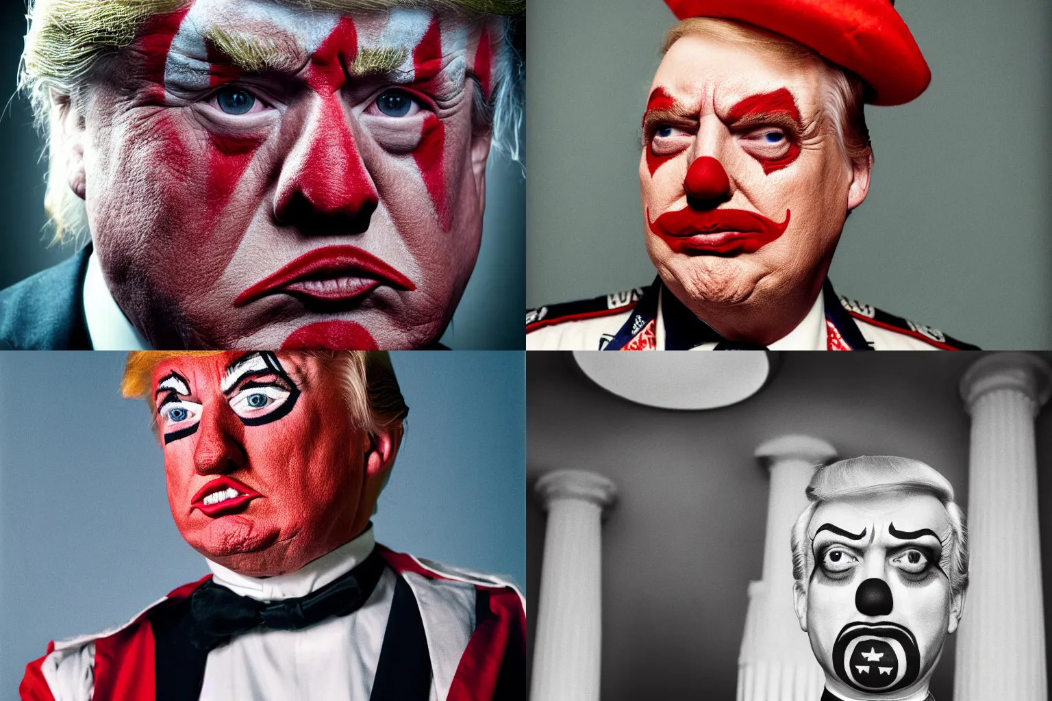 Prompt: portrait photograph of Donald Trump in clown makeup and wearing Schutzstaffel outfit, off-camera flash, canon 50mm lens f4 aperture, shallow depth of field, 1/400 shutterspeed, Ektachrome color photograph, single point of light, roman column background