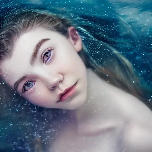 Image similar to portrait of a beautiful girl + anya taylor - joy floating under the deep dream water, beautiful smooth soft light + white petal, by personal photography, art by brookskim, closeup, 4 k, highly detailed, instagram,