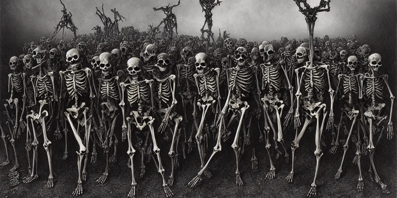 Prompt: satanic skeleton gang emerge from the cemetery on a dark night by zdzisław beksinski and gustave dore and alphonse mucha