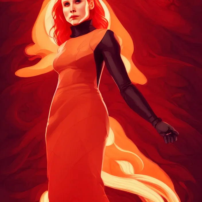 Image similar to style artgerm, joshua middleton, beautiful kristen bell with dark red dress, very long orange hair, symmetrical face, symmetrical eyes, fire powers fire swirling, detailed, volcano setting, cinematic lighting