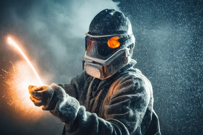 Image similar to human covered in light and explosions electricity shellshock devices, flamethrower, lightning blast, shiny steel armor, dust particles, covered in dust, grind, rocks, dark clouds, rainy