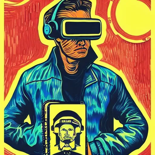 Image similar to Illustrated by Shepard Fairey and Greg Rutkpwski | 'Cyberpunk Van Gogh with VR helmet, surrounded by cables'