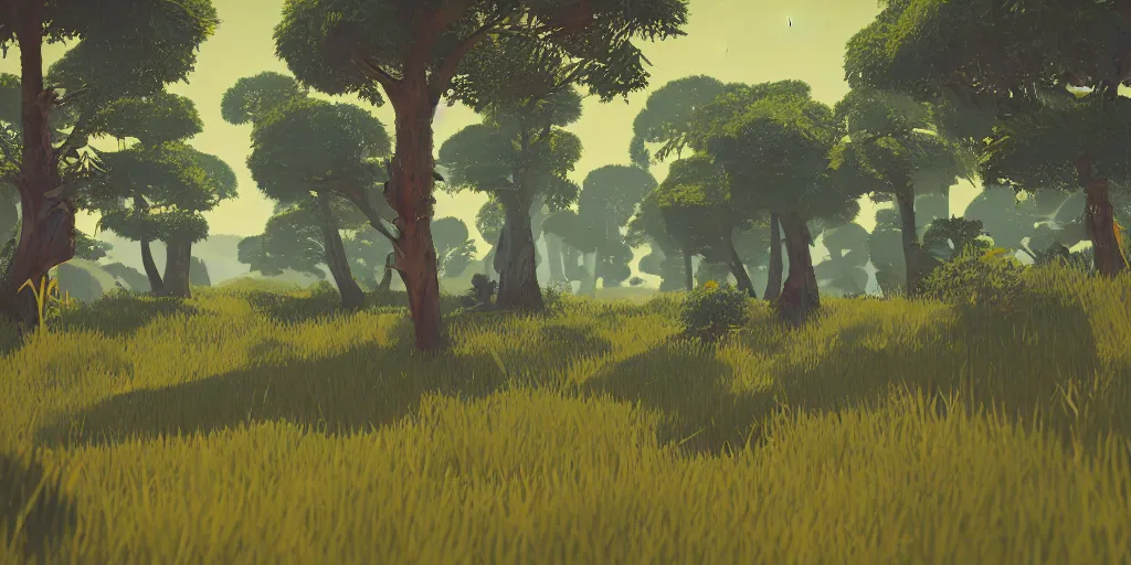 Image similar to abstract 3d landscape painting with vegetation and trees at noon by james jean and painted in no mans sky style, redshift, octane