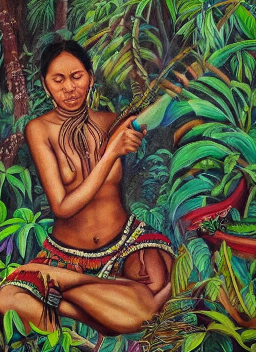 Image similar to a beautiful painting of an indigenous female doing artwork in the jungle, realistic, ayahuasca