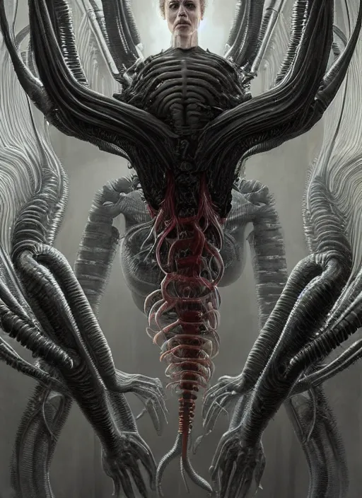 Image similar to an organic anatomical portrait of sigourney weaver blended with a xenomorphic alien queen, twisting organic tendrils, haze, highly detailed, hyper real, futuristic, volumetric interior lighting, artstation, unreal engine render 8 k greg rutkowski, hr giger