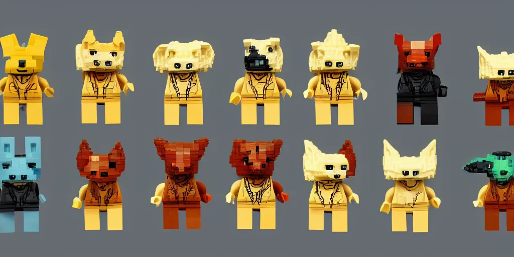 Image similar to small animals made of two or three lego bricks, four legged, quadrupedal, cute looking, kawaii, sharp focus, character sheet, game concept art, blocky, lego mixels