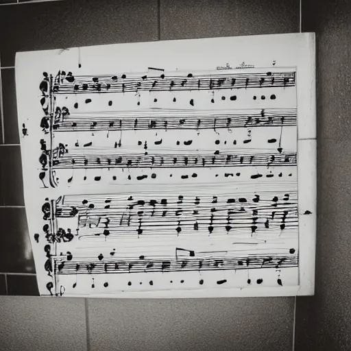 Image similar to abandoned sheet music in a bathroom