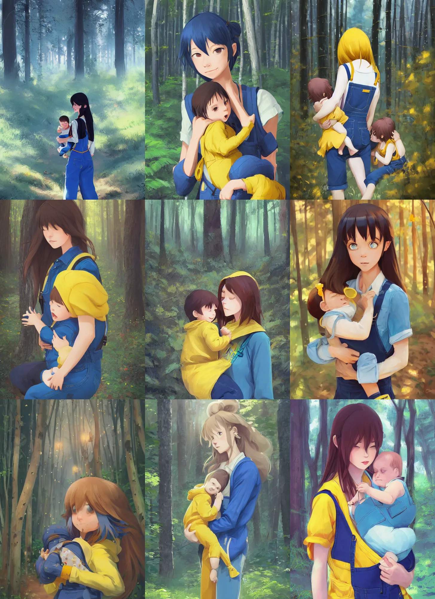 Prompt: a long hair ( dark blond ) woman wearing blue overalls, she is cradling a baby wearing a yellow bob. they are in a forest, coherent, by makoto shinkai, rossdraws, james jean trending on artstation, digital art, realistic.