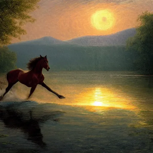 Prompt: a horse running on a lake, with sunset, photorealistic, cinematic, well detailed, HDR, 8k, By Albert Bierstadt