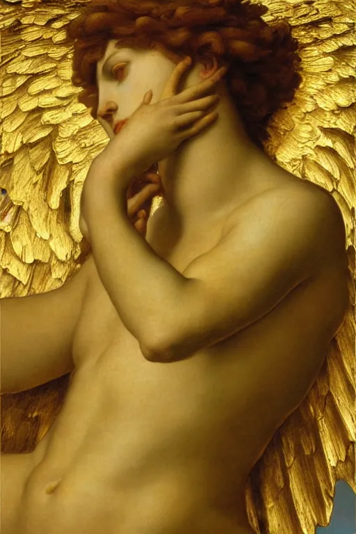 Image similar to Fallen angel by Alexandre Cabanel, face, closeup, ultra detailed, made in gold, Guido Reni style