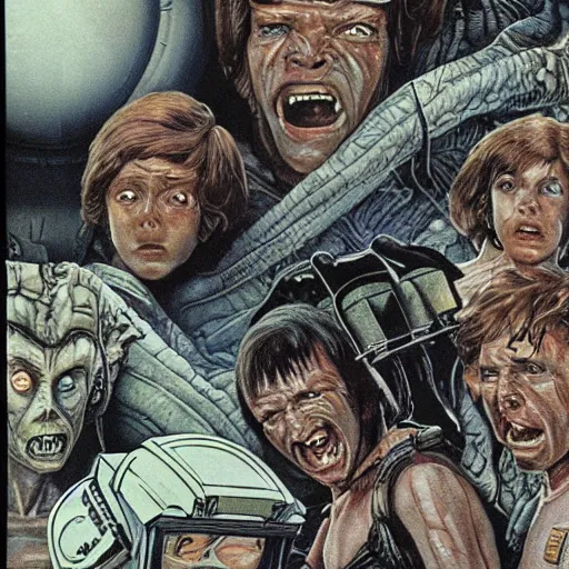 Image similar to the crew of the nostromo playing dungeons & dragons, alien 1 9 7 9, ron cobb, highly detailed, comic book, science fiction, used future