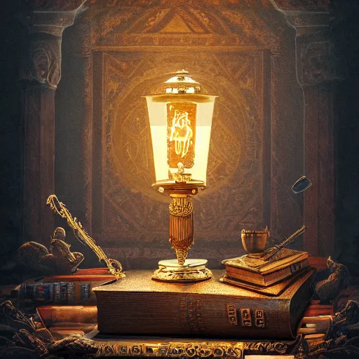 Prompt: !dream epic view of an ancient dark byzantine interior, ornate oil lamp on a pile of crystals, books covered in jewels, ornate, surrounded by strange statues and treasure, full of sand and dust, hyper real, Indiana Jones, Tomb Raider, trending on artstation, concept art, cinematic, jewels, by Greg Rutkowski