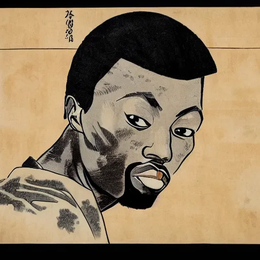 Image similar to GZA rapping, portrait, style of ancient text, hokusai
