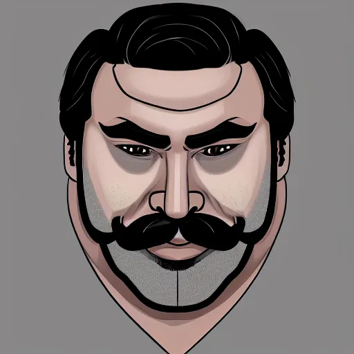 Prompt: face portrait a big beefy man with a large face, thick dark hair, a bushy black moustache, no beard, with hardly any neck and mean little eyes, highly detailed, digital art, sharp focus, trending on art station, drawing