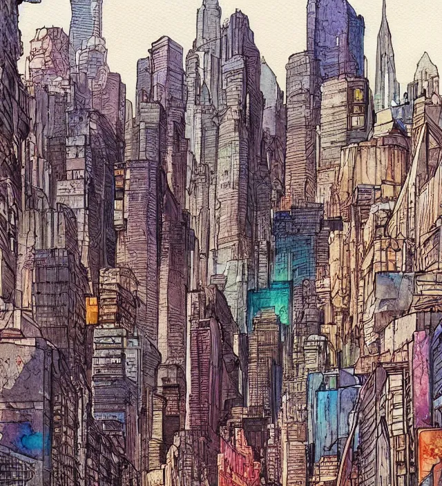 Image similar to a watercolor ink painting of a post - apocalyptic new - york in the style of jean giraud in the style of moebius trending on artstation deviantart pinterest detailed realistic hd 8 k high resolution