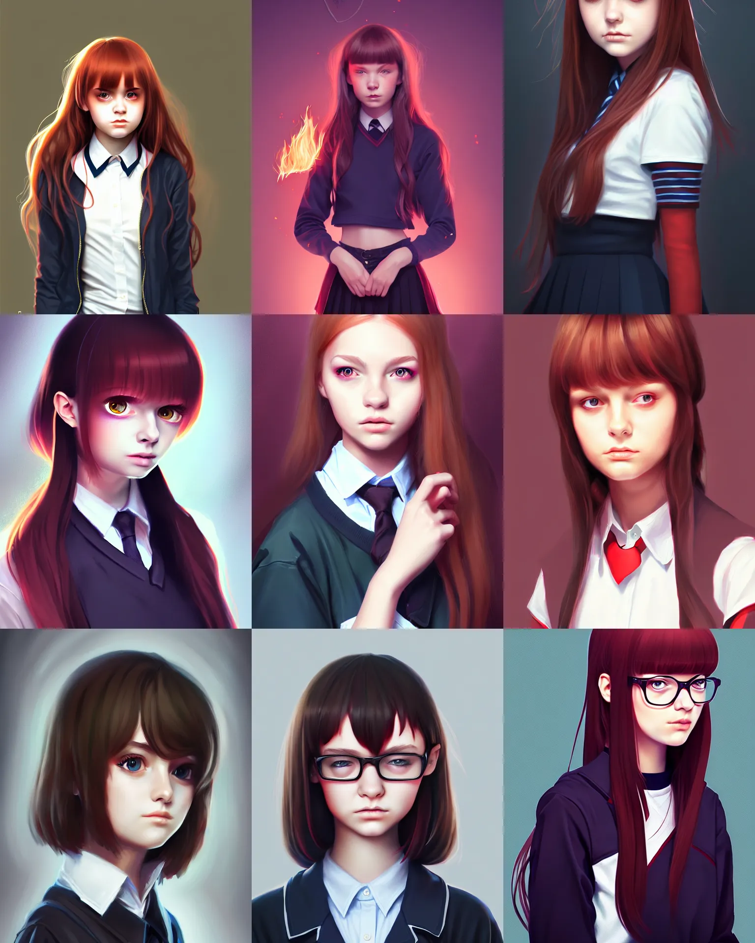 Prompt: portrait, attractive young teen girl, dark school student uniform, fire magic, digital painting, trending on artstation, illustration, art by WLOP