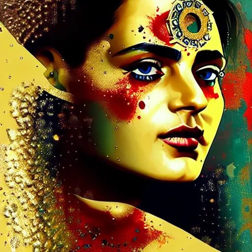 Prompt: portrait of pakistan woman :: side profile :: in ocean :: clockwork details :: gold :: blood and horror :: by marvel and Sandra Chevrier