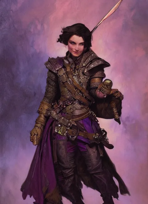 Prompt: a gender neutral halfling wearing leather armour and a purple smoking jacket, short brown hair. fantasy concept art. moody epic painting by james gurney, and alphonso mucha. artstationhq. painting with vivid color. ( dragon age, witcher 3, arcane, lotr )