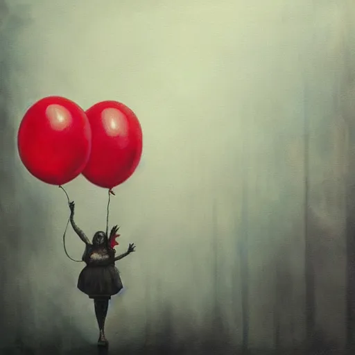 Image similar to grunge painting of the mist with a wide smile and a red balloon by chris leib, loony toons style, pennywise style, corpse bride style, horror theme, detailed, elegant, intricate, conceptual, volumetric light