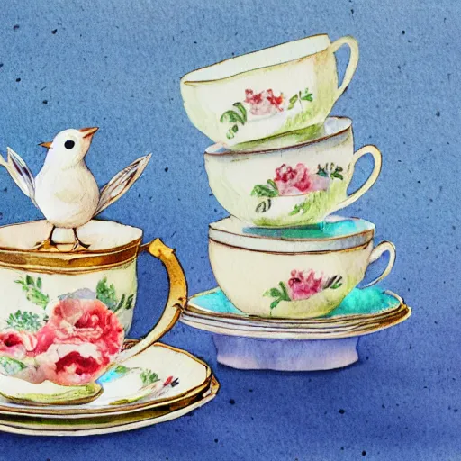 Image similar to a bird sitting on top of a stack of tea cups, a watercolor painting by annabel kidston, shutterstock contest winner, pop surrealism, whimsical, detailed painting, storybook illustration