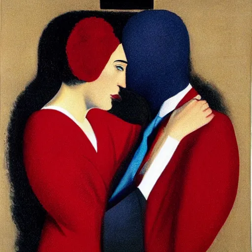 Prompt: a woman in a red dress kissing a man in a suit with both of them having a blanket completely covering their heads, rene magritte style