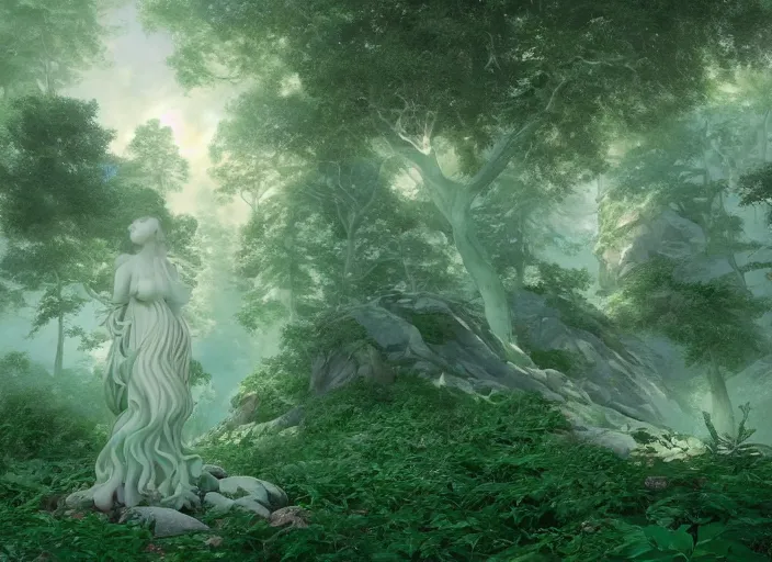 Image similar to an idealistic marble statue with fractal flowery hair and fair porcelain face and green eyes, in a magical forest, painted by, mc escher, gordon onslow ford, georgia o'keeffe and ivan aivazovsky, cinematic light, god rays, colourful, unreal engine, zbrush central,