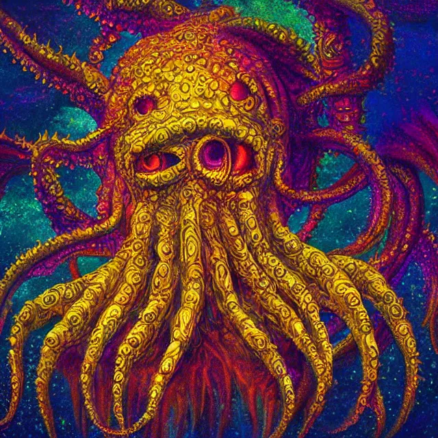 Image similar to angelic alien cthulhu mythos covered in eyes tentacles and golden light, oil painting award winning, chromatic aberration sharp colors