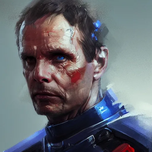 Prompt: portrait of superhero by greg rutkowski, michael biehn wearing a blue, black and red kevlar gear, highly detailed portrait, digital painting, artstation, concept art, smooth, sharp foccus ilustration, artstation hq