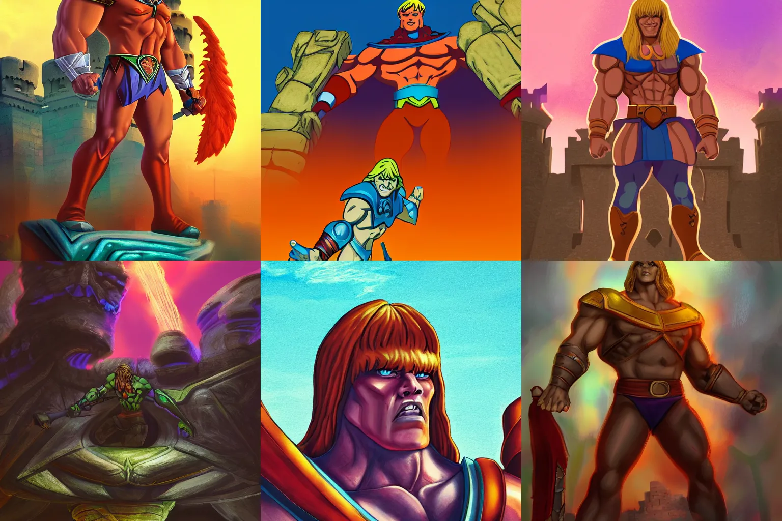 Prompt: he-man in front of castle grayskull, gradient colors, digital art, trending on artstation